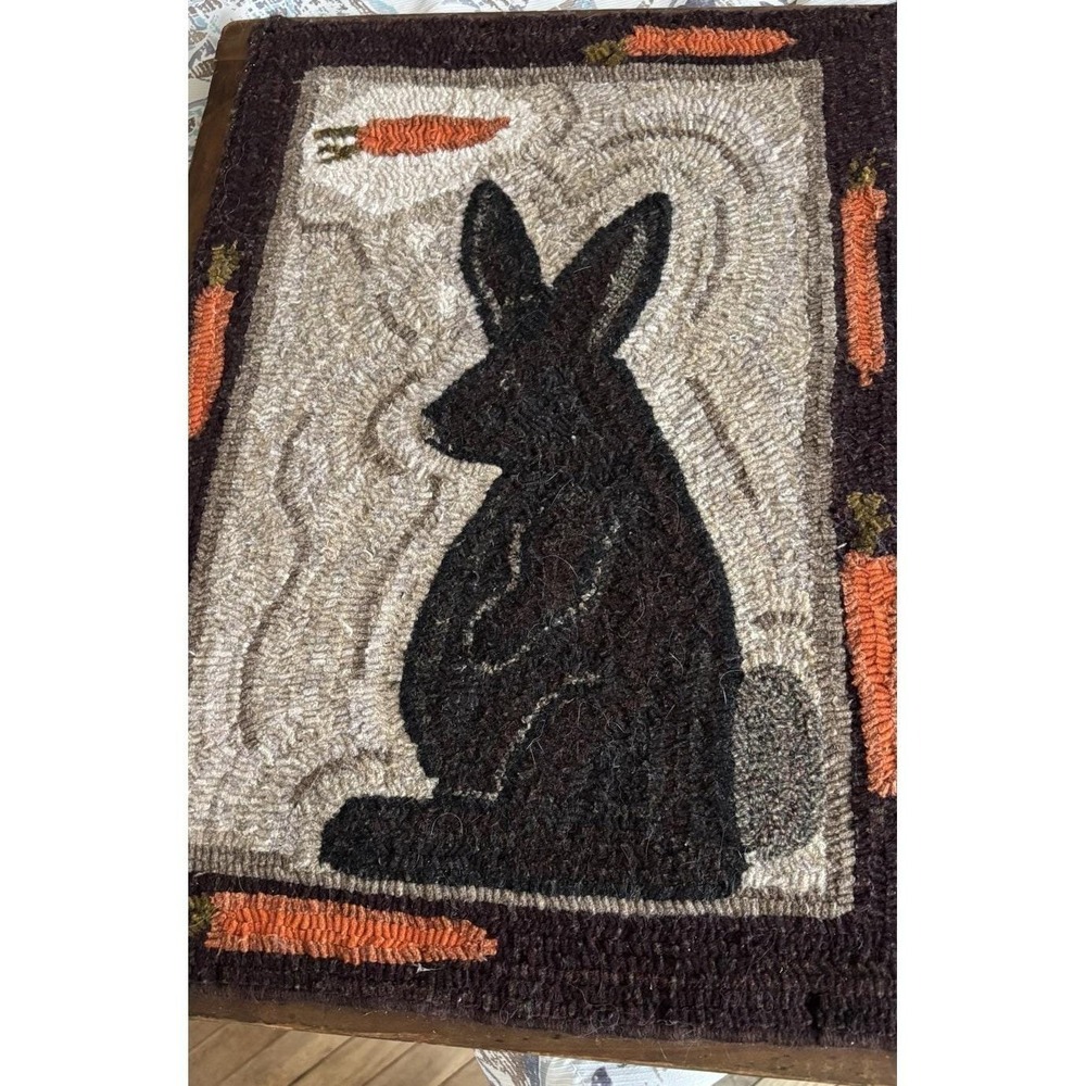 Vintage Folk Art Primitive Bunny  Hooked Wool Rug On Rare 1900sC Cutting  Board